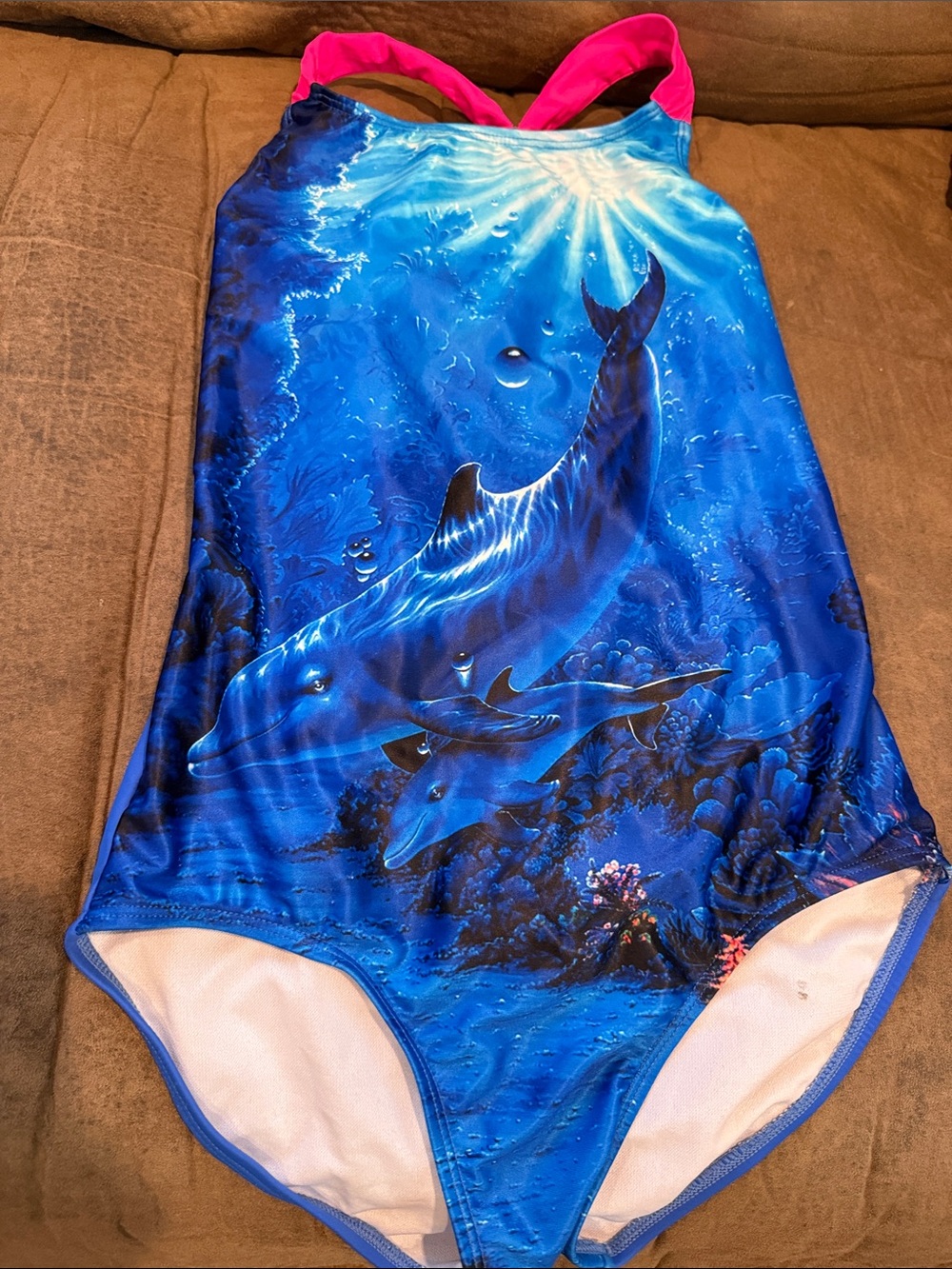 Blue Dolphin Print Girls' One-Piece Swimsuit with Pink Straps